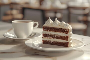 A slice of layered white cake with white frosting on a white plate, next to a cup of coffee.
