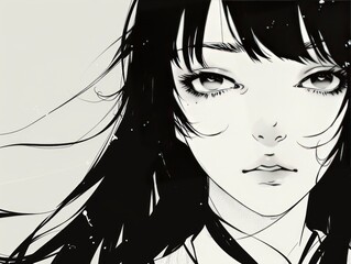 Girl with black hair. Manga drawing style with thick font and black and white background. Simple minimum. Nice