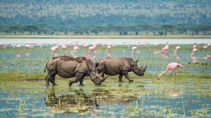 Fototapeta premium Rhinos and Flamingos in Lake National Park. A Safari Adventure in Game Reserve