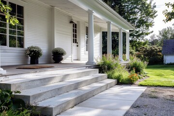 Residential Facade: Front Entrance of Home with Concrete Porch and White Front Door - Powered by Adobe