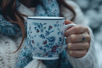 A woman wearing a white sweater and a scarf is holding a white mug with blue and red flowers on it.