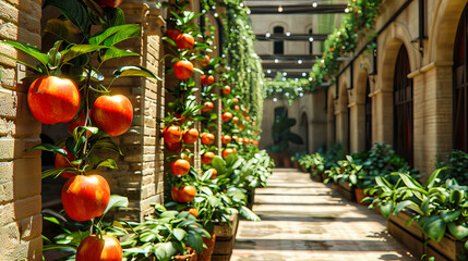 Vibrant Greenhouse Tomatoes Growing on Bushes, Organic Farming, Fresh Produce in Controlled Environment