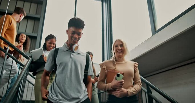 University, steps and friends walking with conversation, planning or happy subject discussion. College, stairs and gen z crowd of students leaving campus for group project, learning or education