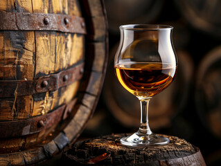 Alcool fort ou liqueur dans un verre à cognac près d'un fût en bois : calvados, armagnac, cognac, rhum ambré, etc.