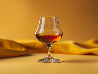 Alcool fort ou liqueur dans un verre à cognac : calvados, armagnac, cognac, rhum ambré, etc. sur fond jaune