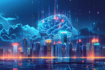 futuristic smart city powered by ai with brainshaped cloud representing intelligent urban networks conceptual illustration