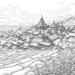 Relaxing Rice Terrace and Pagodas Adult Coloring Page