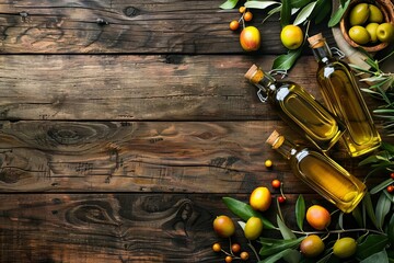 golden olive oil bottles leaves and fruits on rustic wooden background wide banner format