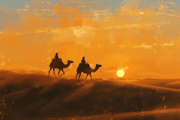 golden twilight in the desert camels trekking across serene dunes digital painting