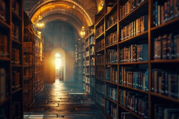 Blurred background of an old library with rows of books. Generate AI image