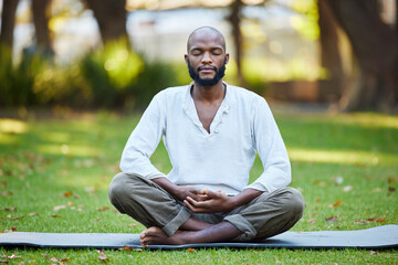 Black man, meditation and yoga in park for fitness, zen and mindfulness outdoor with health,...