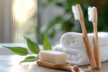 Bathroom table with bamboo toothbrushes, white towel, soap and green leafs