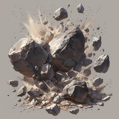 A captivating stock image of an explosive rock impact with flying debris and dust, perfect for conveying power, force, or the aftermath of destruction in various contexts. - obrazy, fototapety, plakaty