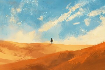 lone wanderer gazing across vast sandy desert landscape digital concept illustration