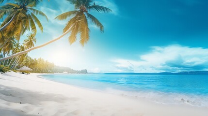 lovely beach banner with a tropical theme. Travel tourism broad panorama background concept with white sand and coco palms. breathtaking scenery along the beach