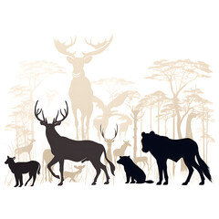 Silhouette of wild animals on white background, vector illustration.