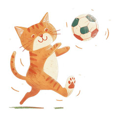 Na rysunku widzimy kota, który bawi się piłką nożną. Kot trzyma łapą piłkę, podskakuje i wygląda na podekscytowanego. Scena jest pełna energii i radości