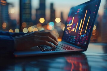 Businessman analyzing financial data on a laptop screen. Generate AI image