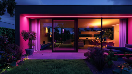 Fototapeta premium A boldly designed house with magenta highlights, its garden a spectacle of light at night. The inviting interior, seen through large sliding doors, 