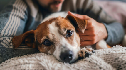 A dog rests comfortably on a soft bed with loving touch and gently from pet parent, heartwarming of pet healthcare at home.