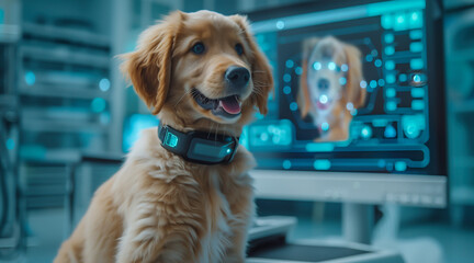 Golden retriever outfitted with a smart collar with holographic display digital x-ray, futuristic veterinary pet  hospital with advanced technology for pet healthcare.
