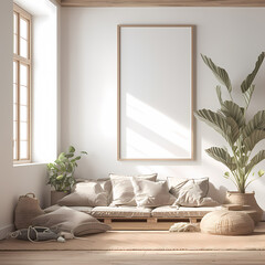 Inviting Open-Plan Living Room with Neutral Colors, Wall Art, and Greenery