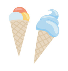 Ice creams in flat design. Cold delicious gelato and sundae balls dessert. Vector illustration isolated.