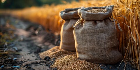 In the agricultural field, sacks of grain await harvest, representing organic, healthy food production