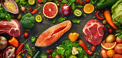 fresh food banner, colorful, beautiful, realistic food such as veggies, lamb meat, beef meat, fish, fruit