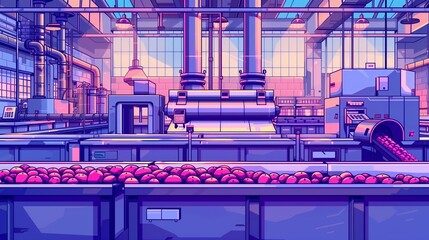 Flat solid color illustration with no gradient: ocher food processing plant on a plum background--Automated Food Safety
