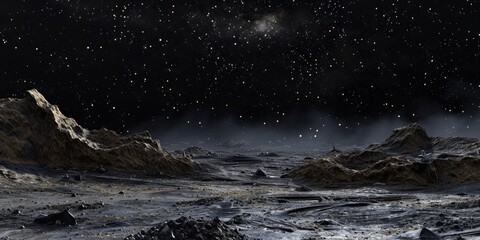 Barren Alien Landscape Under Starry Sky. Extraterrestrial Surface. Rocky Terrain on Desolate Planet. Generative AI