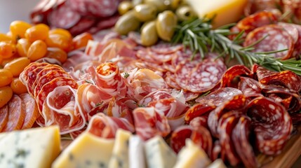 a gourmet charcuterie board featuring a variety of cured meats