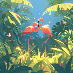Wondrous Scene of Two Pink Flamingos in a Vibrant Jungle Setting with Bubbling Water and Butterflies, Perfect for Nature Lovers and Wildlife Enthusiasts