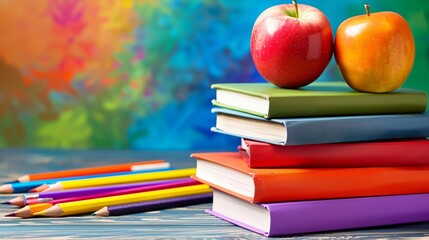 Apples placed on a stack of books, with colored pencils resting on the table, serve as symbolic representations of the pursuit of knowledge and learning.