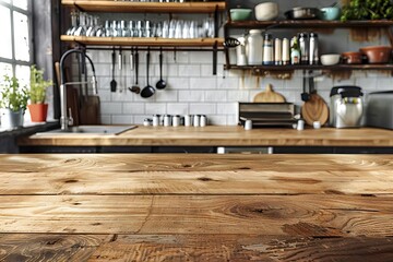 spotless wooden table in empty professional restaurant kitchen product placement mockup
