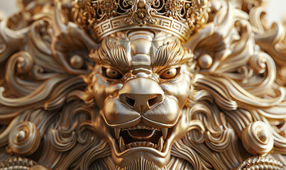 An intricate golden sculpture of a lion's head adorned with a royal crown. Generate AI