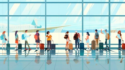 Airport queue, travel and people legs for international vacation, holiday or immigration with suitcase and kid. Line or group of women, men and child with luggage waiting for global flight schedule