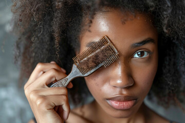 African American Woman with a tuft of hair on a comb. Hair loss when combing. Hair care