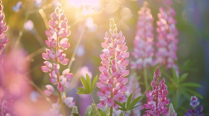 Beautiful pink lupins blossoming on flower bed on summer day. 