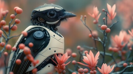 black and white robot magpie bird sitting in pink flowers. 