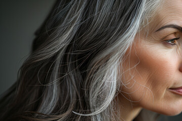Mature European woman with gray dyed hair, close-up. Aging process, hair care