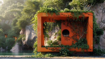 Ultra-realistic image of a bright orange kiosk, now a home for nesting birds and climbing ivy in a...