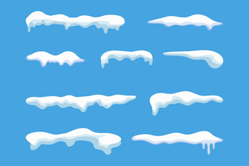 Snow drifts. vector illustration. Snowflackes caps hanging from the roof. Snow with icicles. Snow on a blue background. Set of snow caps with icicles. Detail for winter landscape or illustration