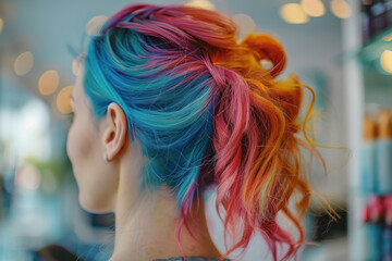 young woman with bright multi-colored dyed hair in a salon, rear view