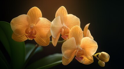 Close-up of blooming yellow orchids in soft light