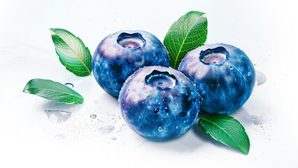 Blueberries with green leaves on white background. Healthy tasty food.