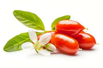 Fresh red goji  with leaves isolated on a white background.