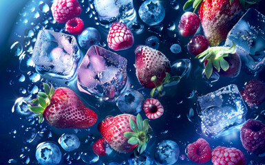 Assorted frozen blueberries, raspberries, strawberries and ice. Background with healthy food.