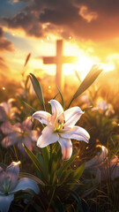 Photorealistic easter lilies and cross at sunset, symbolizing hope, resurrection and peace © Tatiana Fl