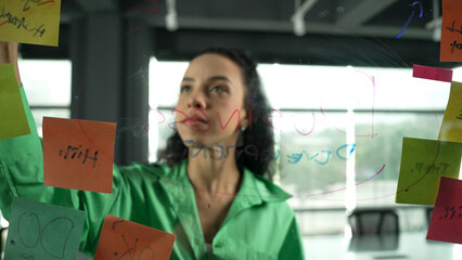 Portrait of smart professional hispanic businesswoman writes marketing ideas on glass board with...